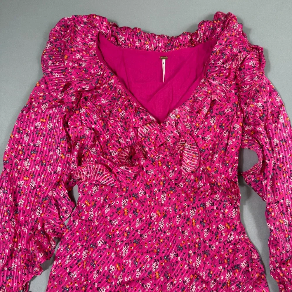 Free People Mini Dress Womens Size 6 Pink Floral Ruffle Flounce Sleeve OB1240766